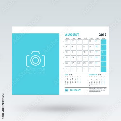 Calendar planner for August 2019. Stationery design template. Vector illustration