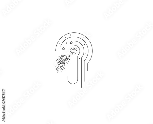 Astronaut falling down in a cosmos - Flat Line Art Design Illustration.