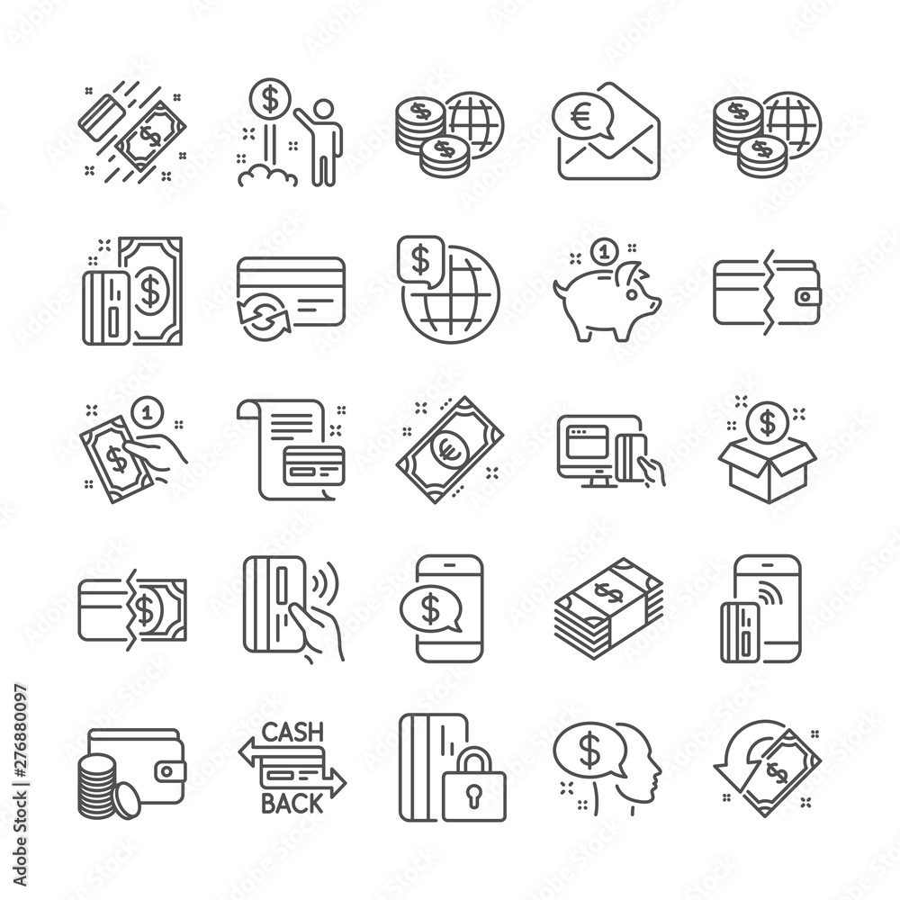 Money wallet line icons. Contactless payment, Update credit card and Piggy bank linear icons. Online payment, Dollar exchange and Fast money send. Private pay, Blocked credit card and Wallet. Vector