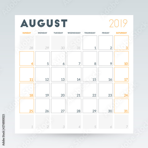 Calendar planner for August 2019. Stationery design template. Vector illustration