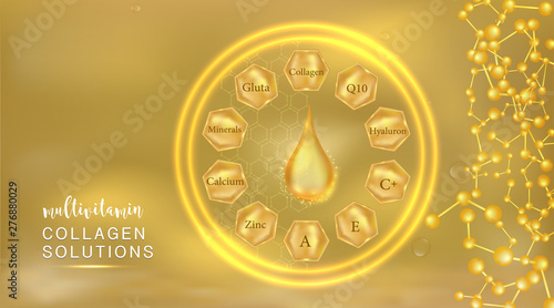 Hyaluronic acid plus multivitamins and mineral skin solutions ad, gold collagen serum drop with cosmetic advertising background ready to use, illustration vector.