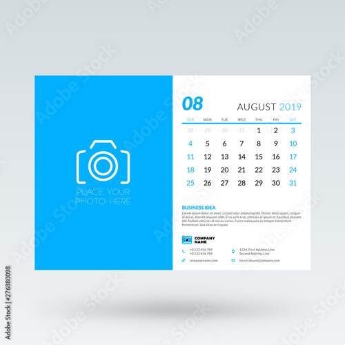 Calendar planner for August 2019. Stationery design template. Vector illustration