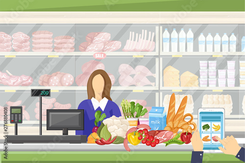 Cashier in the supermarket Vector flat style. Sale manager and food stands on backgrounds