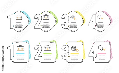 First aid, Quick tips and Portfolio icons simple set. Breathing exercise sign. Medicine case, Helpful tricks, Business case. Breath. Science set. Infographic timeline. Line first aid icon. Vector