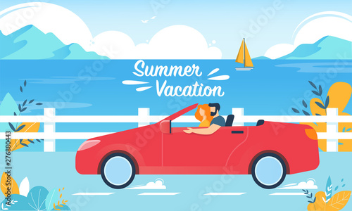 Summer Vacation Happy Couple on Red Cabriolet Car
