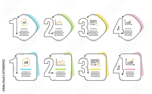 Read instruction, Update data and Growth chart icons simple set. Chart sign. Opened book, Sales statistics, Upper arrows. Science set. Infographic timeline. Line read instruction icon. Vector