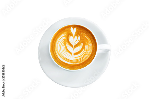 aerial view of coffee latte cup isolated on white background with clipping path
