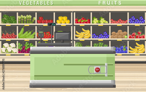 Cashier in the supermarket Vector flat style. Sale food stands on backgrounds