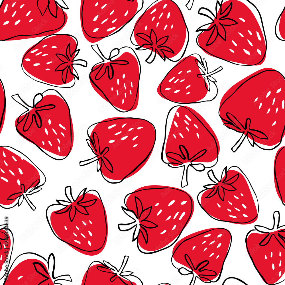 Foto auf Acrylglas mit Nahtloses Muster von abstrakten handgezeichneten Erdbeeren auf weißem Hintergrund. Fruchtabbildung. #276880639