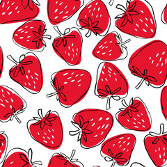 Fotobehang Rood patronen Aardbeien patroon handgetekend op wit  © Anna