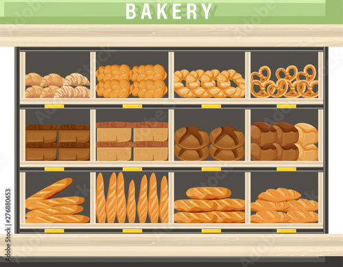 Bakery shopping stands Vector. Bread, pretzel, croissant. Front view detailed illustrations