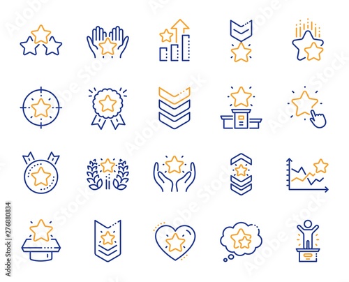 Ranking line icons. First place, star rating and winner medal. Shoulder strap, army achievement and victory ribbon icons. Star ranking, champion and winner trophy. Best level. Vector