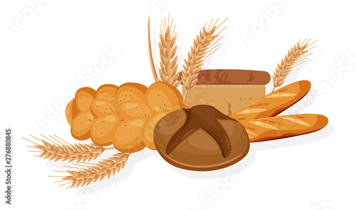 Bakery Vector. Bread, bread roll, croissant. Front view detailed illustrations