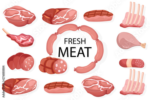 Meat set Vector. Pastrami, salami and saussage flat styles