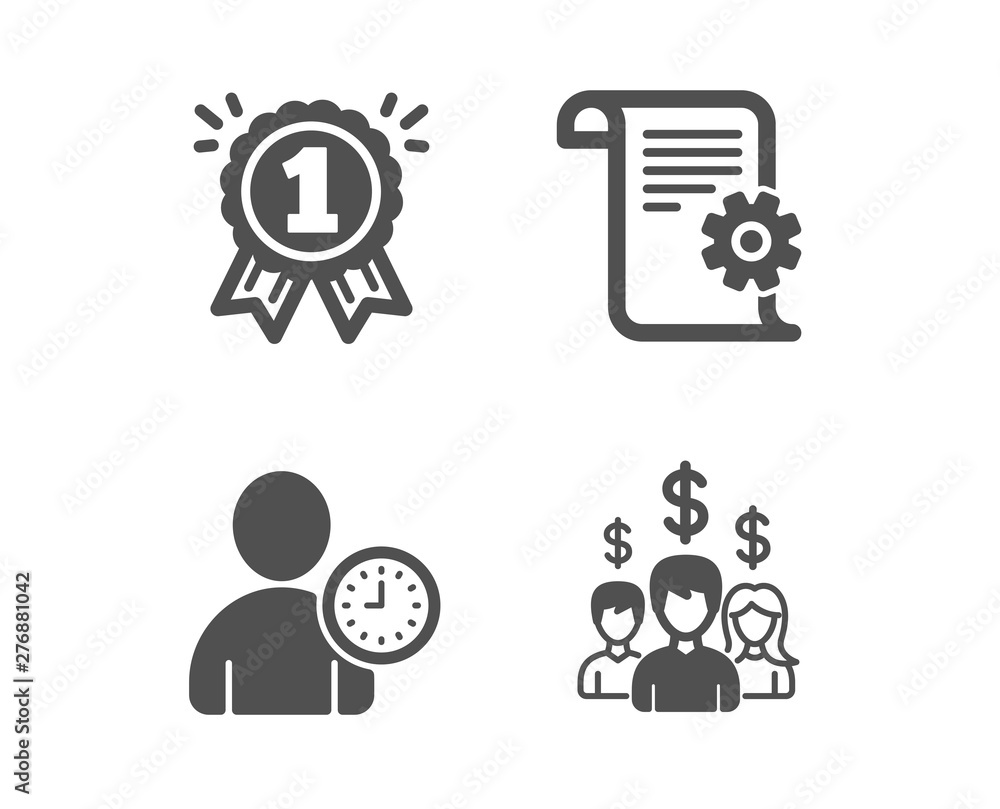 Set of Reward, Time management and Technical documentation icons. Salary employees sign. First place, User with clock, Manual. People earnings.  Classic design reward icon. Flat design. Vector