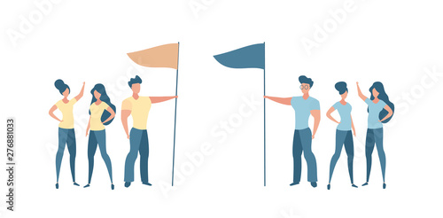 Two groups people different teams holding a flag
