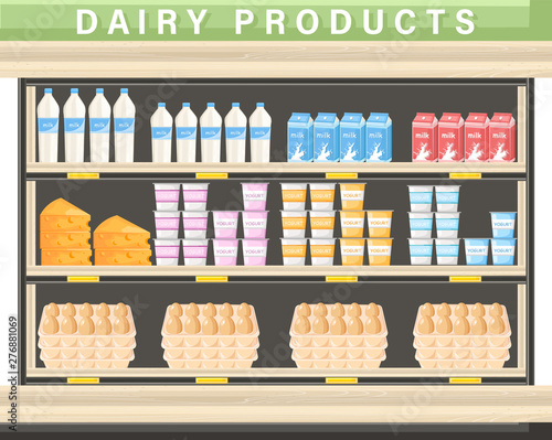 Farm fresh dairy Vector shopping stands. Milk, yogurt, cheese and eggs illustration