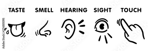 Five senses icon set, funny hand-drawn educational vector illustrations for kids (5 feelings of human)