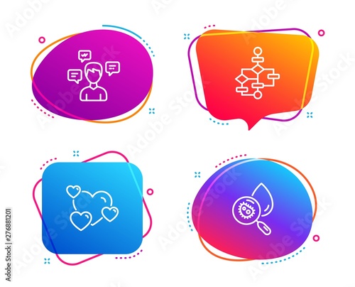 Conversation messages, Heart and Block diagram icons simple set. Water analysis sign. Communication, Love rating, Algorithm path. Aqua bacteria. Technology set. Vector