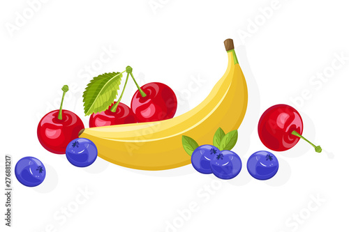 Fresh banana and cherry fruits Vector banner isolated on whites