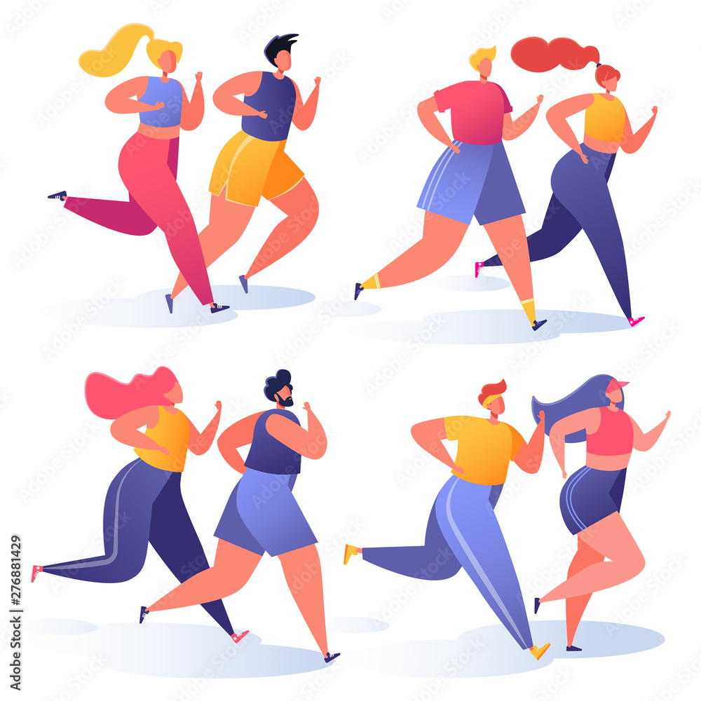 Summer outdoor sports activities. Vector illustration with couples of people characters running, doing workout outside. Flat, cartoon, trendy, healthy lifestyle concept, sports theme. - obrazy, fototapety, plakaty 