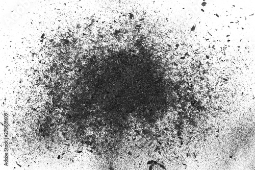 Black charcoal dust, gunpowder isolated on white background and texture, top view photo