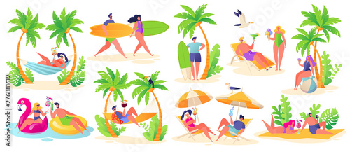 Summer vacation theme. Outdoor activity and rest on the beach. Set of active characters women and men, they relaxing on sun loungers and drinking cocktails, sunbathing and go surfing.