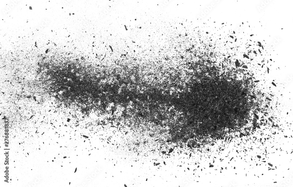 Obraz premium Black charcoal dust, gunpowder isolated on white background and texture, top view