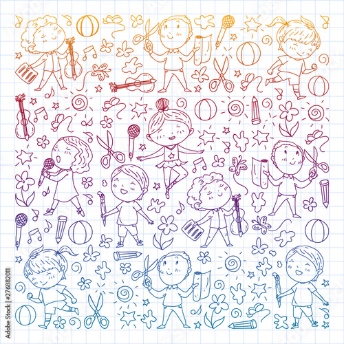 creative kids dancing, sing, playing football, playing guitar, violin, making models from paper. Gradient drawing on squared notebook.
