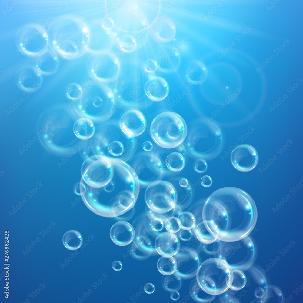 Realistic transparent floating soap bubbles. Design element for advertising booklet, flyer or poster