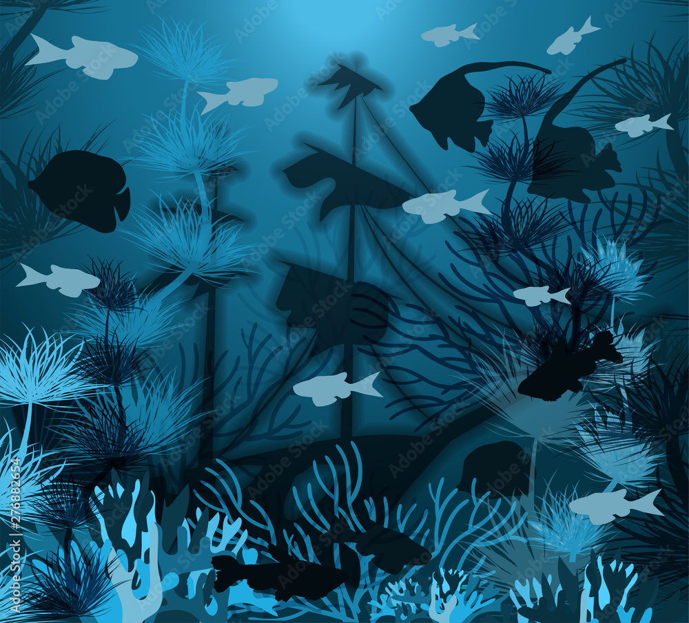 custom made wallpaper toronto digitalUnderwater banner with ship sunken tropical fish, vector illustration