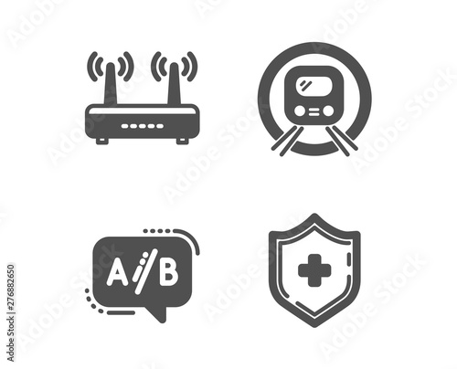 Set of Ab testing, Wifi and Metro subway icons. Medical shield sign. Test chat, Internet router, Underground. Medicine protection.  Classic design ab testing icon. Flat design. Vector