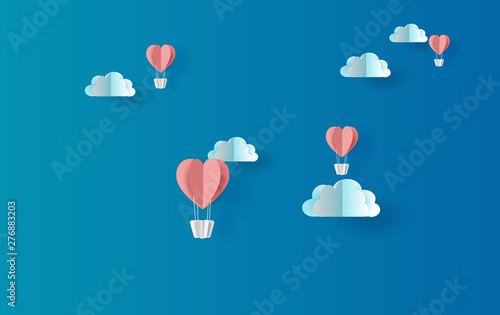 illustration of red balloons heart floating with skyscape view scene place for your love text space blue background.Valentine's day concept.Summer.Paper cut and craft style vector for greeting card