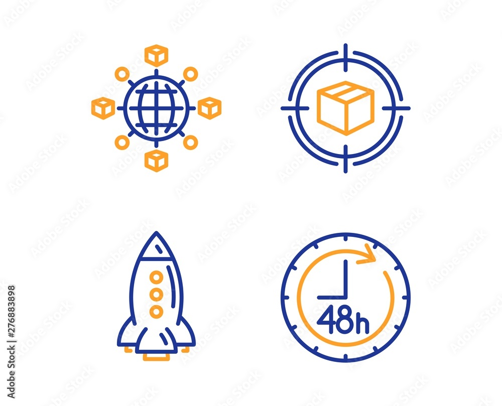Rocket, Logistics network and Parcel tracking icons simple set. 48 hours sign. Spaceship, International tracking, Box in target. Delivery service. Transportation set. Linear rocket icon. Vector Rocket, Logistics network and Parcel tracking icons simple set. 48 hours sign. Spaceship, International tracking, Box in target. Delivery service. Transportation set. Linear rocket icon. Vector