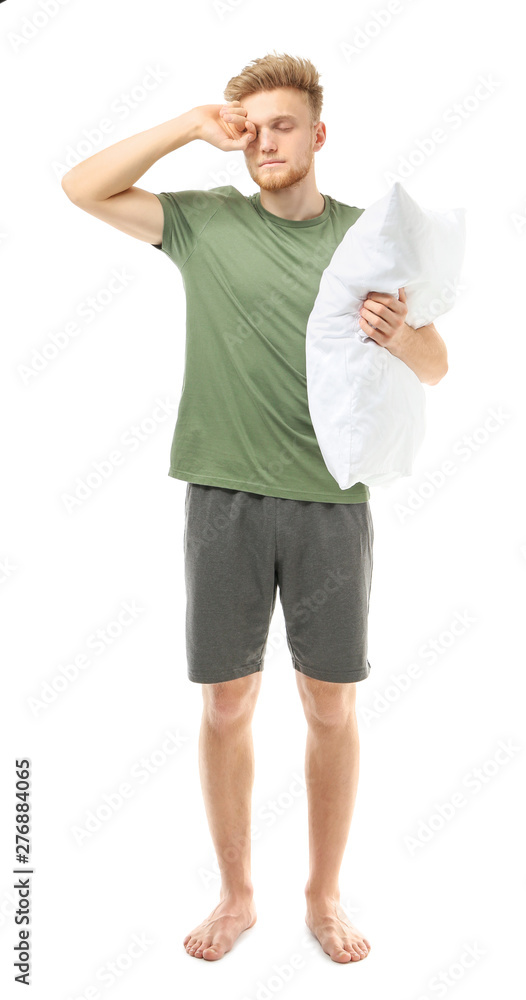 Sleepy man with pillow on white background Sleepy man with pillow on white background