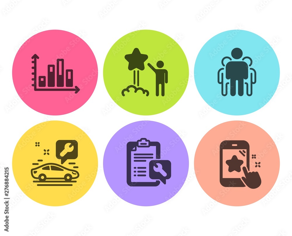 Group, Car service and Diagram graph icons simple set. Star, Spanner and Star rating signs. Managers, Repair service. Business set. Flat group icon. Circle button. Vector Group, Car service and Diagram graph icons simple set. Star, Spanner and Star rating signs. Managers, Repair service. Business set. Flat group icon. Circle button. Vector