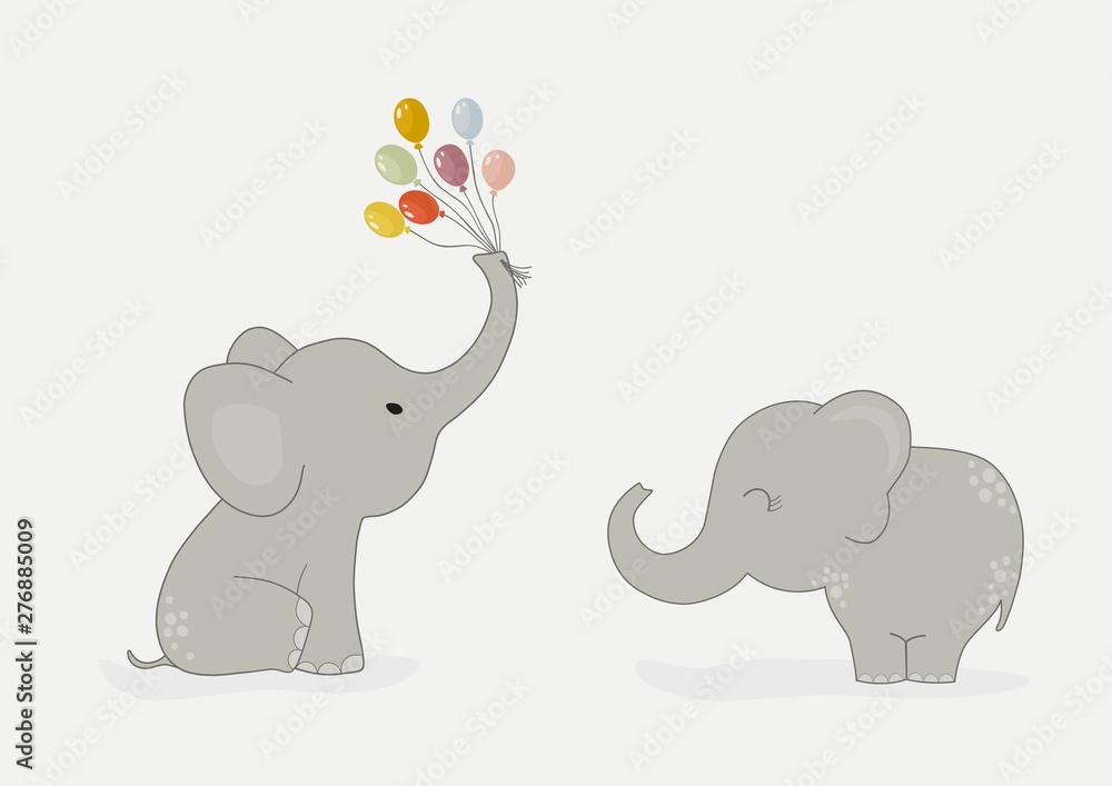 Fototapeta premium Two cute elephants with colorful balloons