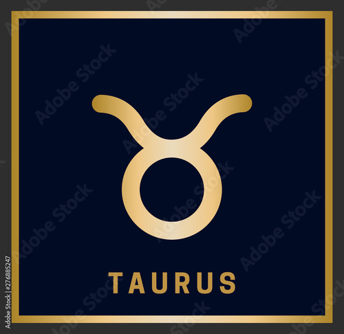 Zodiac sign Taurus. Horoscope. Isolated golden symbol on a blue background with a golden inscription. Vector illustration