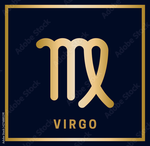 Sign of the zodiac Virgo. Horoscope. Isolated golden symbol on a blue background with a golden inscription. Vector illustration
