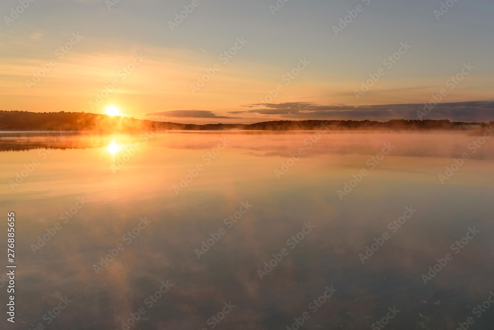 lake sun sunrise fog reflection