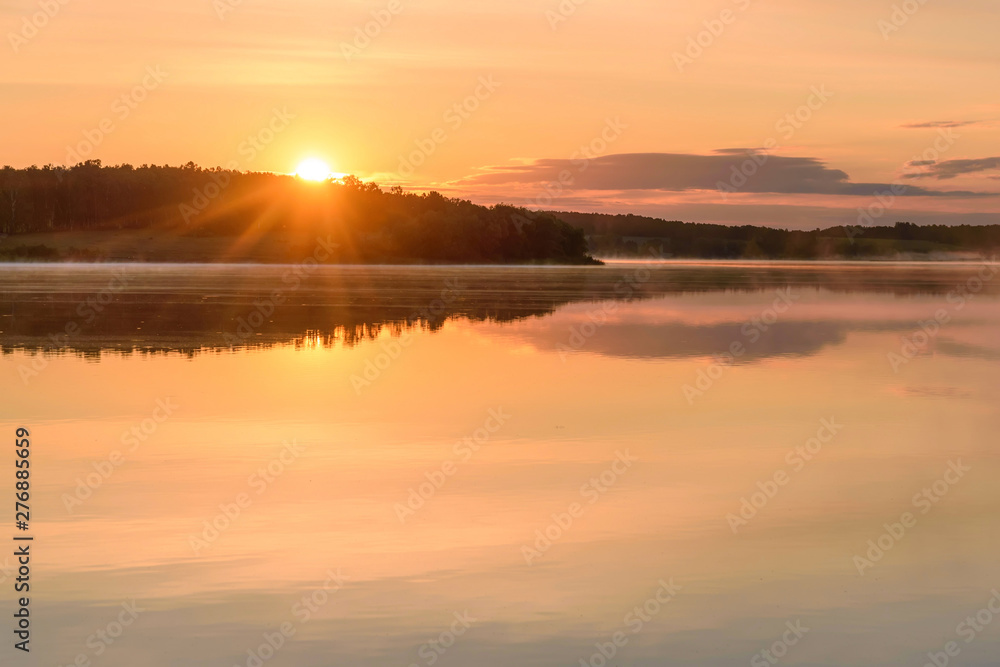 lake sun sunrise fog reflection