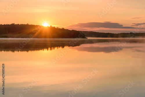 lake sun sunrise fog reflection © Iri_sha