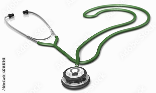 A stethoscope with a green tube, isolated on a slightly reflecting white background, forming a question mark – symbolizing medical questions.