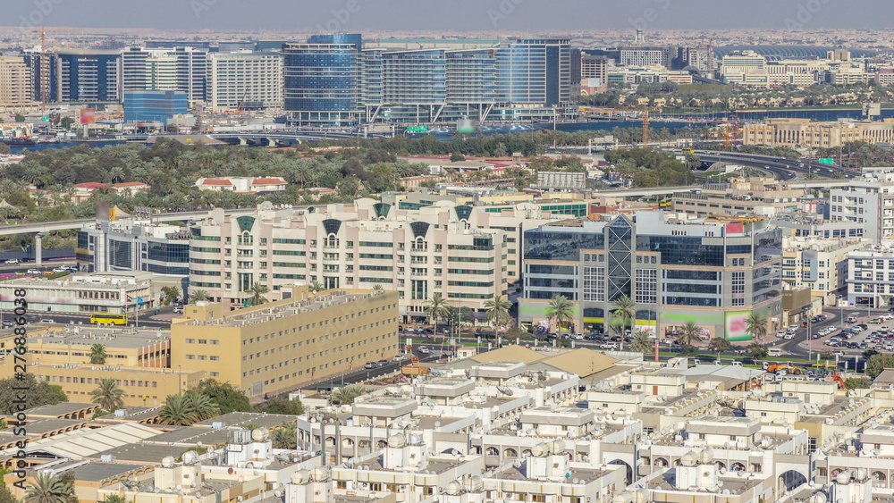Aerial view of neighbourhood Deira with typical buildings timelapse, Dubai, United Arab Emirates