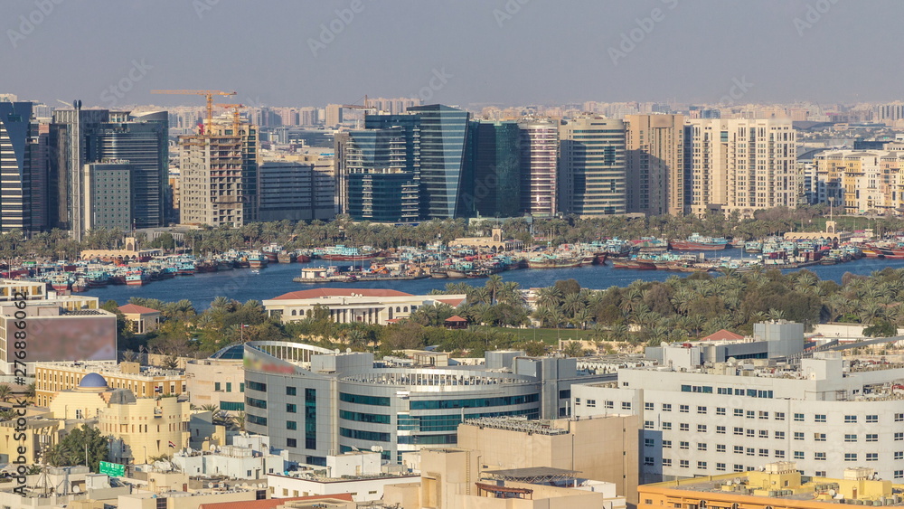 Aerial view of neighbourhood Deira with typical buildings timelapse, Dubai, United Arab Emirates Aerial view of neighbourhood Deira with typical buildings timelapse, Dubai, United Arab Emirates