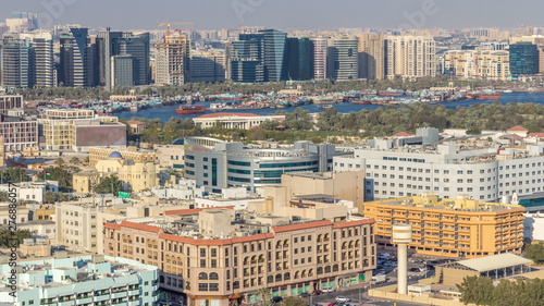 Aerial view of neighbourhood Deira with typical buildings timelapse, Dubai, United Arab Emirates