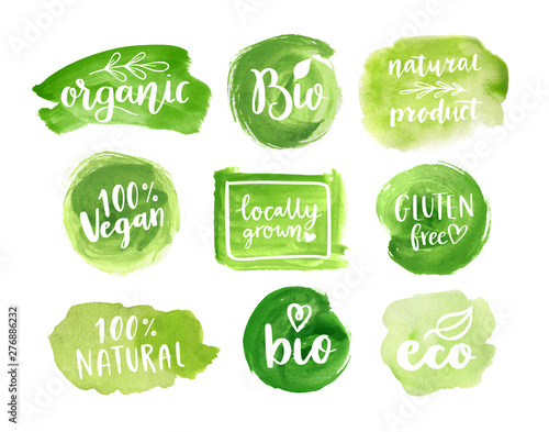 Eco, organic food labels. Vector green abstract hand drawn watercolor background. Natural, organic food, bio, eco design elements.