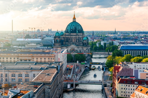Photography Berlin Cathedral (Berliner Dom) on Museum island and Spree river at sunset, Germ