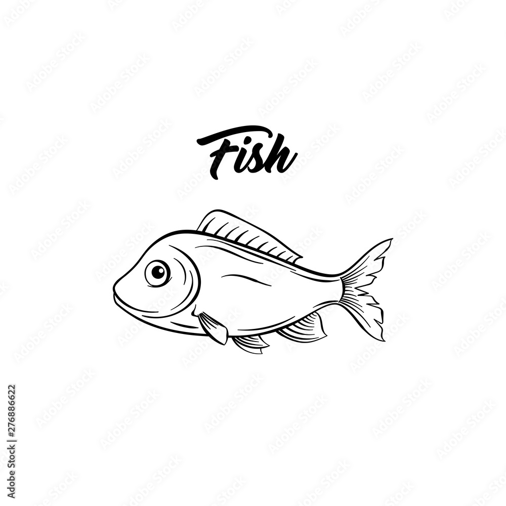 Fish black and white vector illustration. Marine animal with fins freehand  sketch. Saltwater species, freshwater carp drawing. Healthy nutrition,  gourmet menu ingredient. Seafood restaurant logo Stock Vector | Adobe Stock