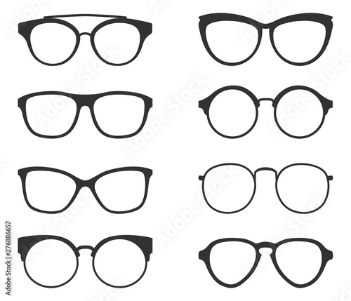 A set of glasses isolated. Vector glasses model icons. Sunglasses, glasses, isolated on white background. Silhouettes. Various shapes - stock illustration.